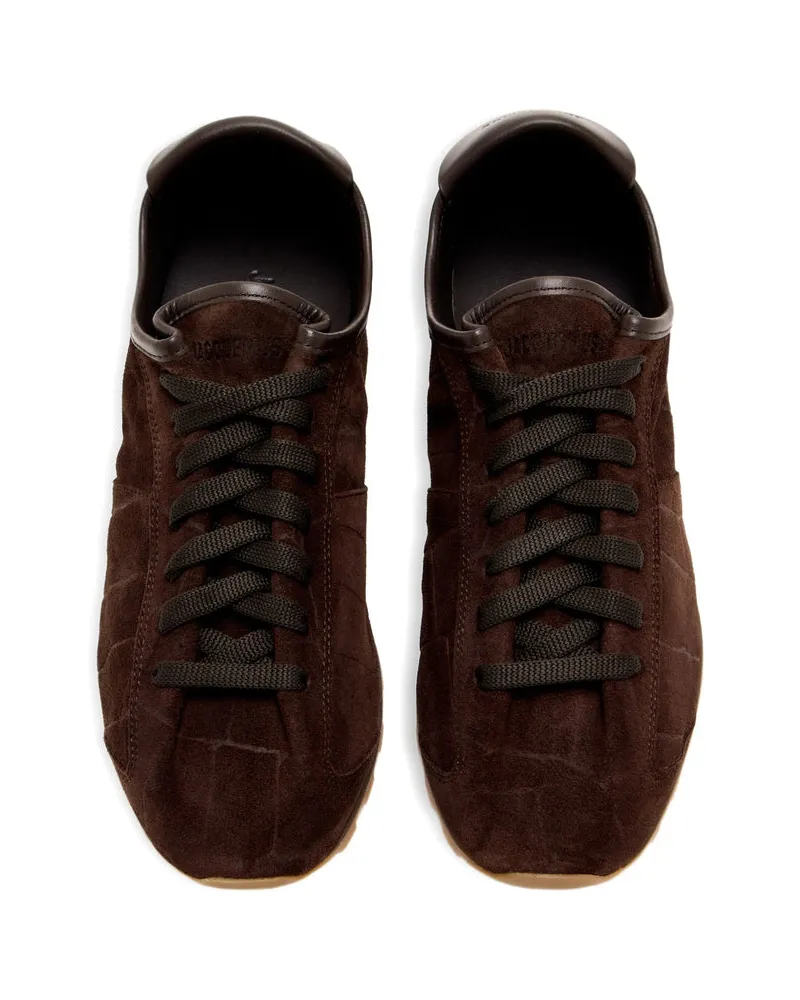 Jacquemus Crocodile-Embossed Suede Sneakers — Brown 