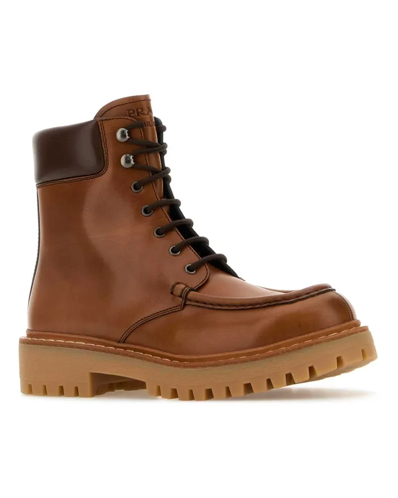 Prada Women's Caramel Leather Ankle Boots Cognac Vitello Stivali Brown