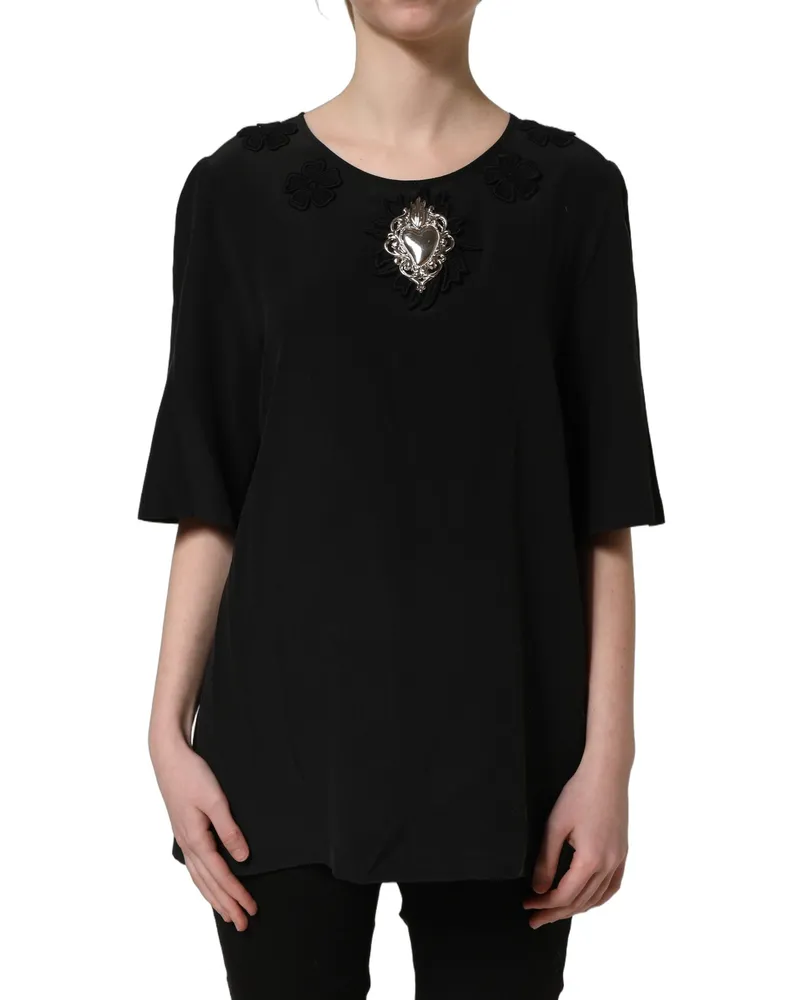 Dolce & Gabbana Women's Black Floral Silk Heart Appliqué Blouse Top Black