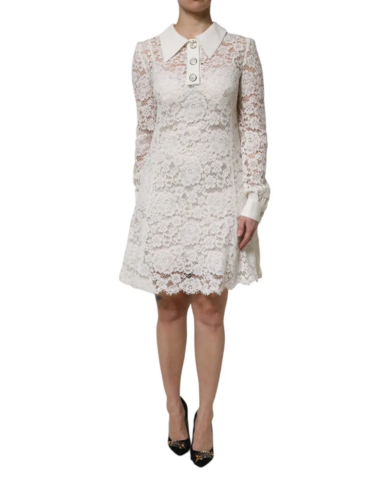 Dolce & Gabbana Women White Floral Lace Viscose Collared Mini Dress White