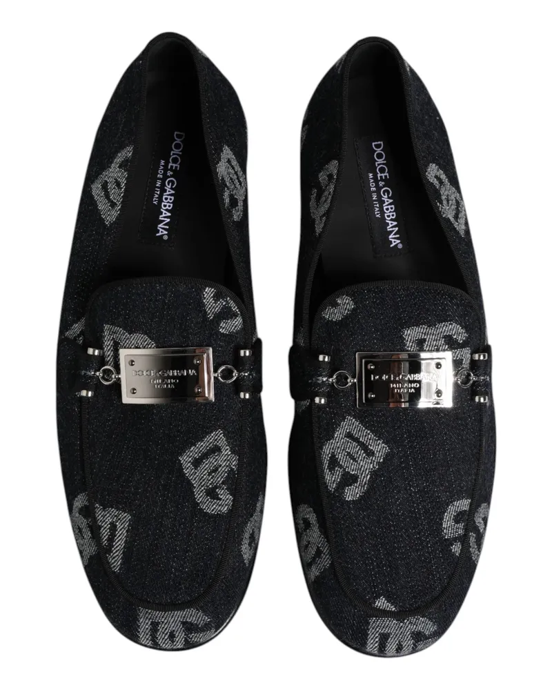 Dolce & Gabbana Men's Blue Logo Cotton Loafers Formal Dress Shoes Elastane Black
