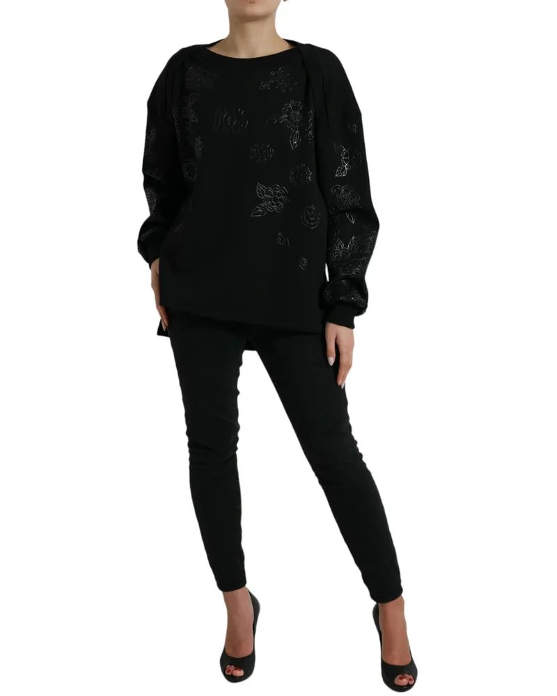 Dolce & Gabbana Women Black Pullover Floral Logo Applique Sweater Nylon Elastane Clothing Black
