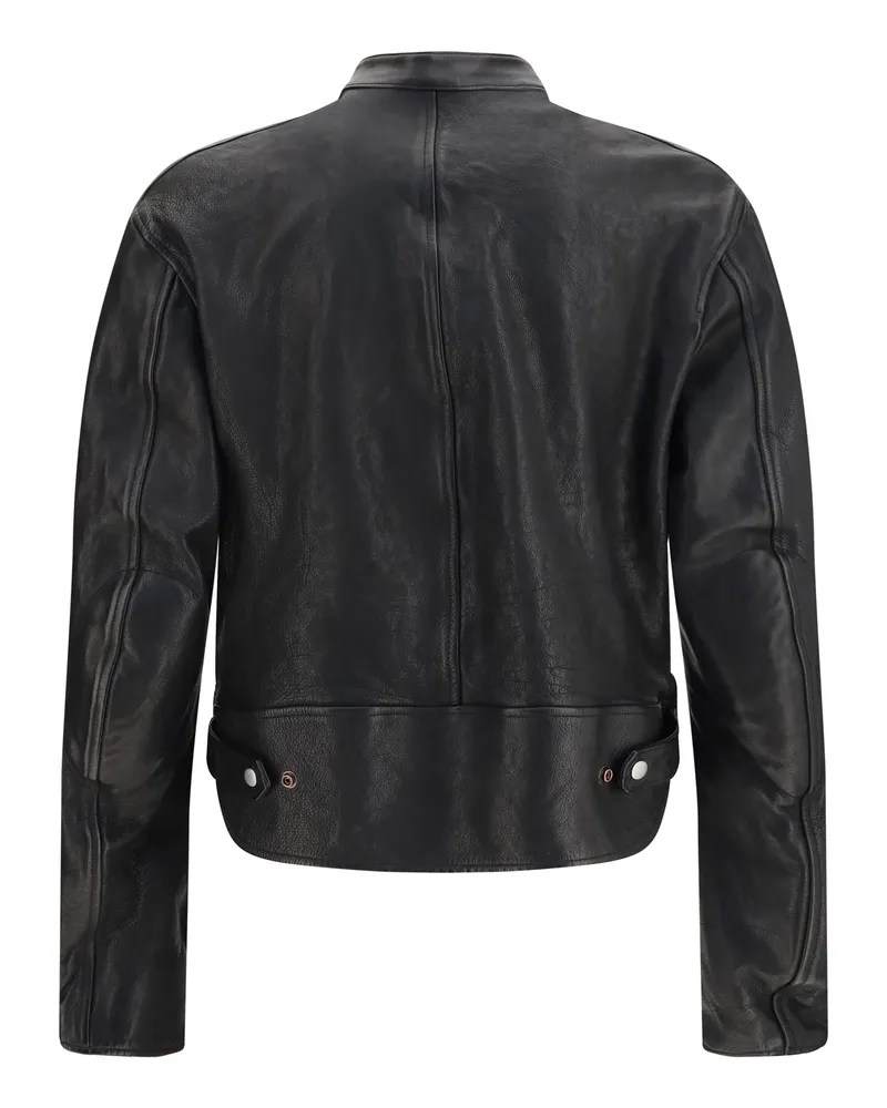 Gucci Men's Buffalo Leather Bomber With Web Trim Black-Green-Red Jacket Black/green/red Black