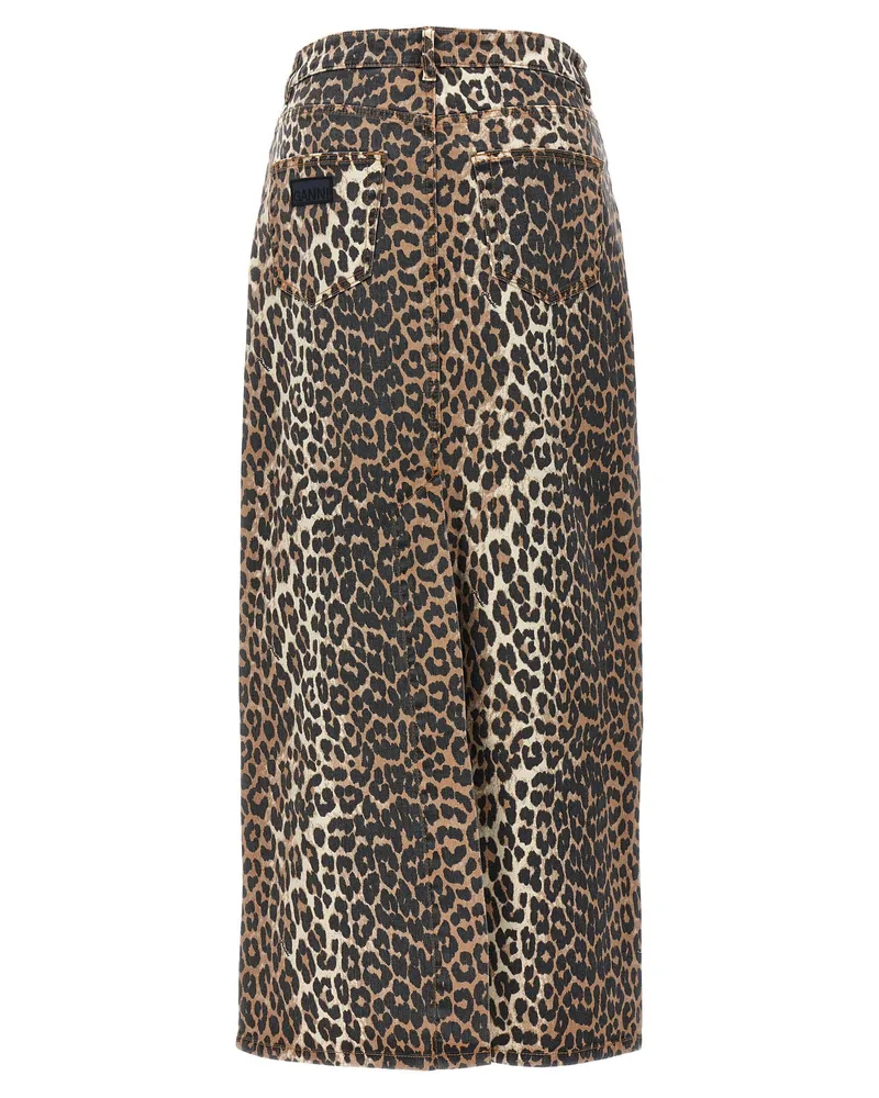 Ganni Leopard-Print Denim Skirt — Brown Brown