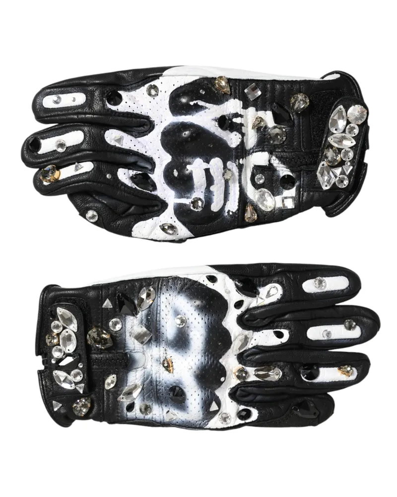 Dolce & Gabbana Women Gloves Black White Crystal Wrist Length Mitten And 10+pl Black