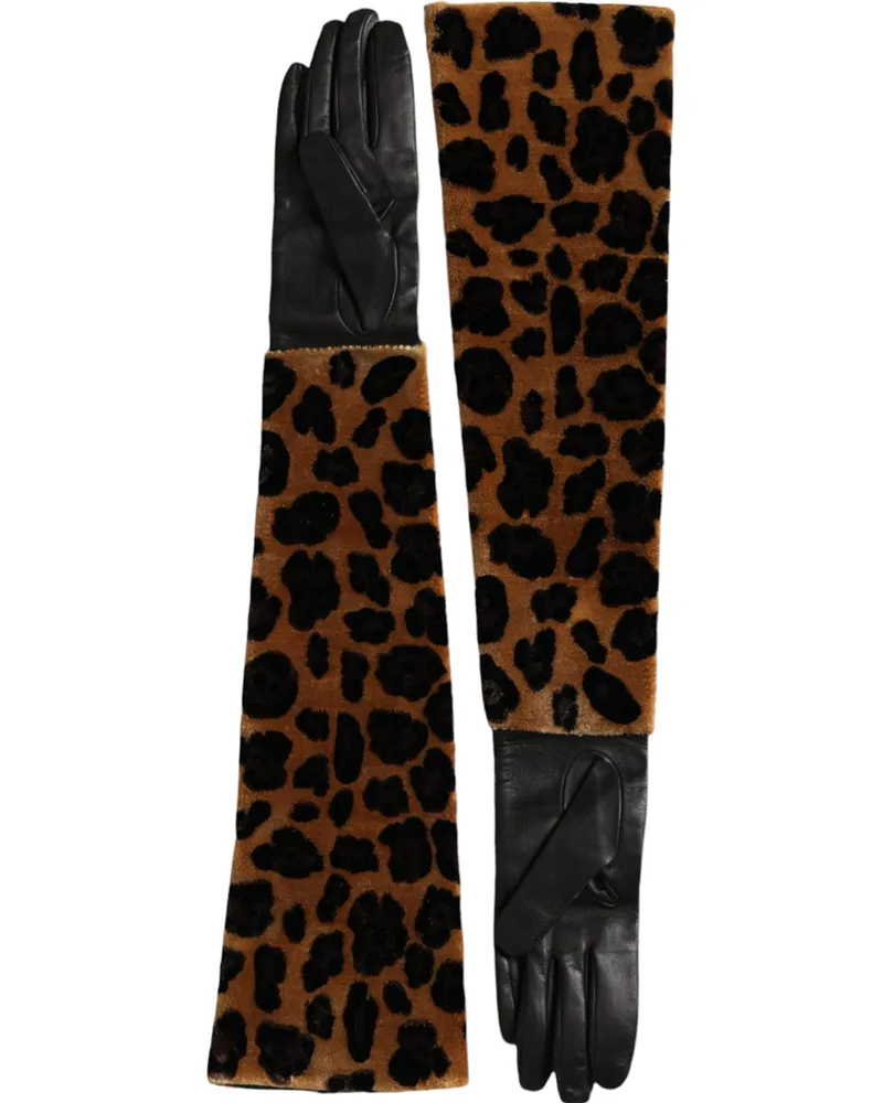 Dolce & Gabbana Women's Brown Black Leopard Leather Elbow Length Gloves And Viscose Brown
