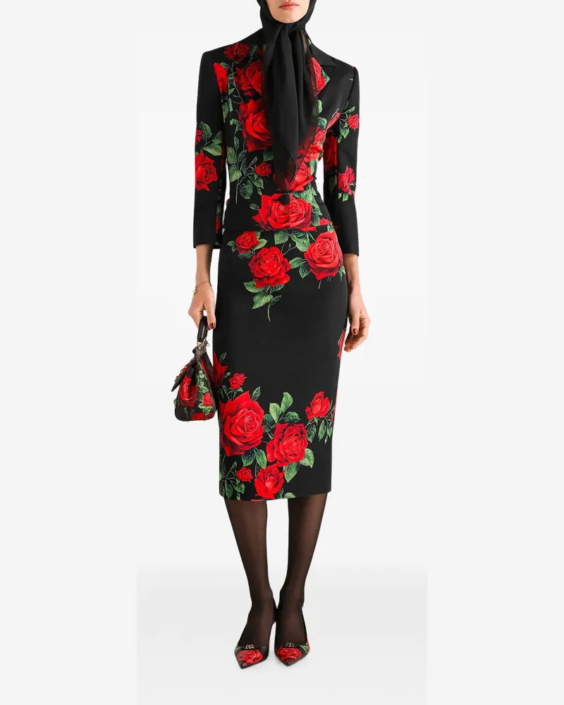 Dolce & Gabbana Rose Print Silk Skirt — Black Black