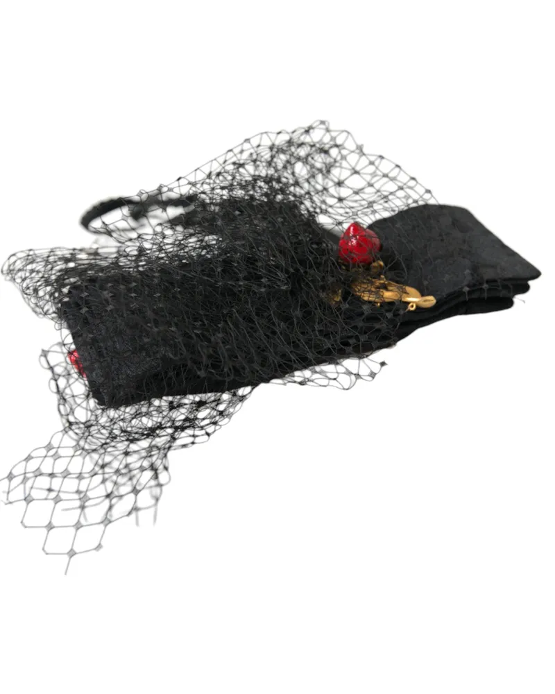 Dolce & Gabbana Women's Black Strawberry Sicily Crystal Mesh Net Headband Diadem Accessory Black