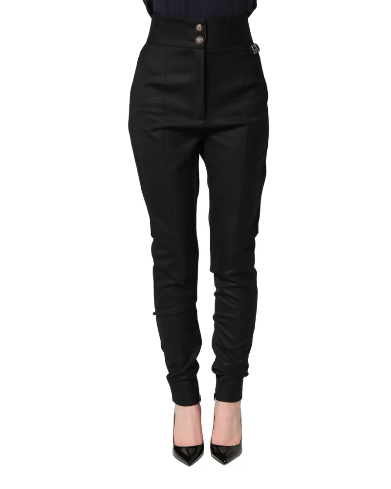 Dolce & Gabbana Women's Black Wool High Waisted Logo Trouser Pants Elastane Black