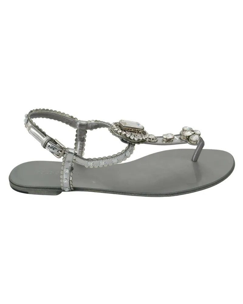 Dolce & Gabbana Women's Silver Crystal Sandals Flip Flops Shoes Lambskin Silver