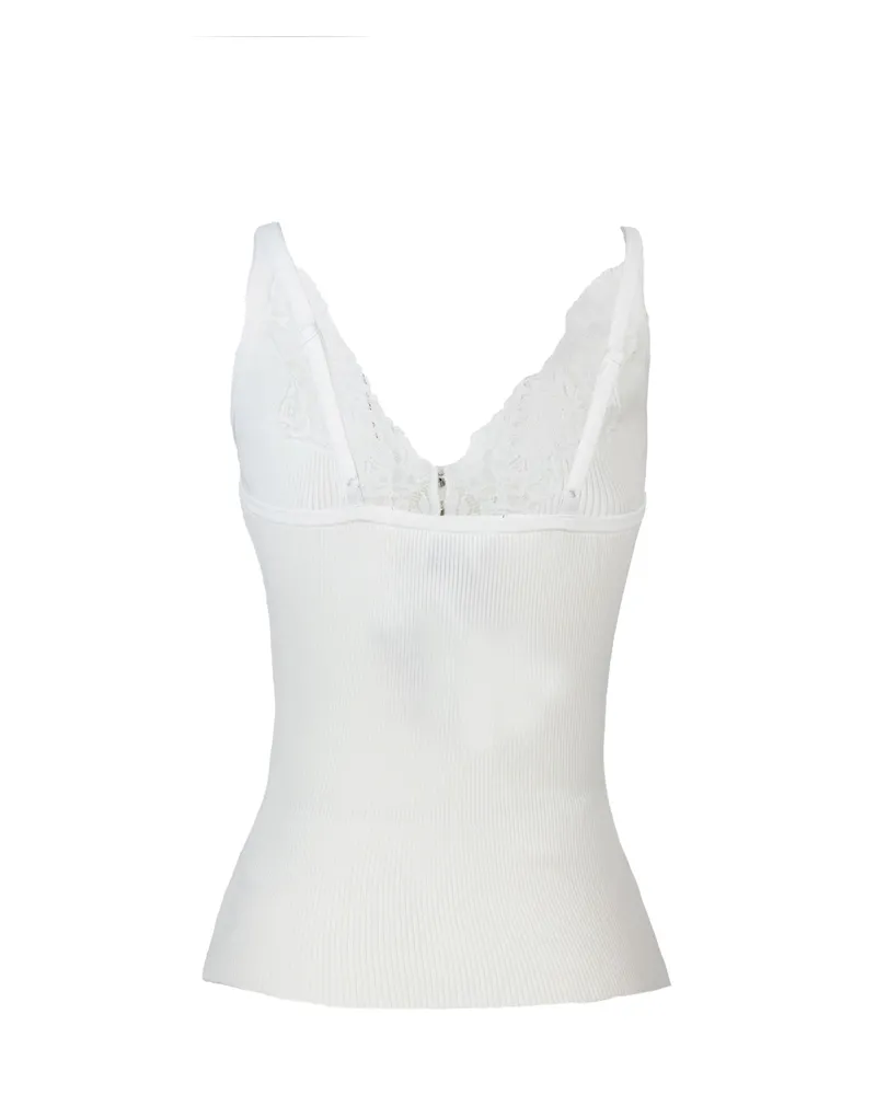 Self-Portrait Women's Ribbed Top With Lace Trim White Viscose Tops White