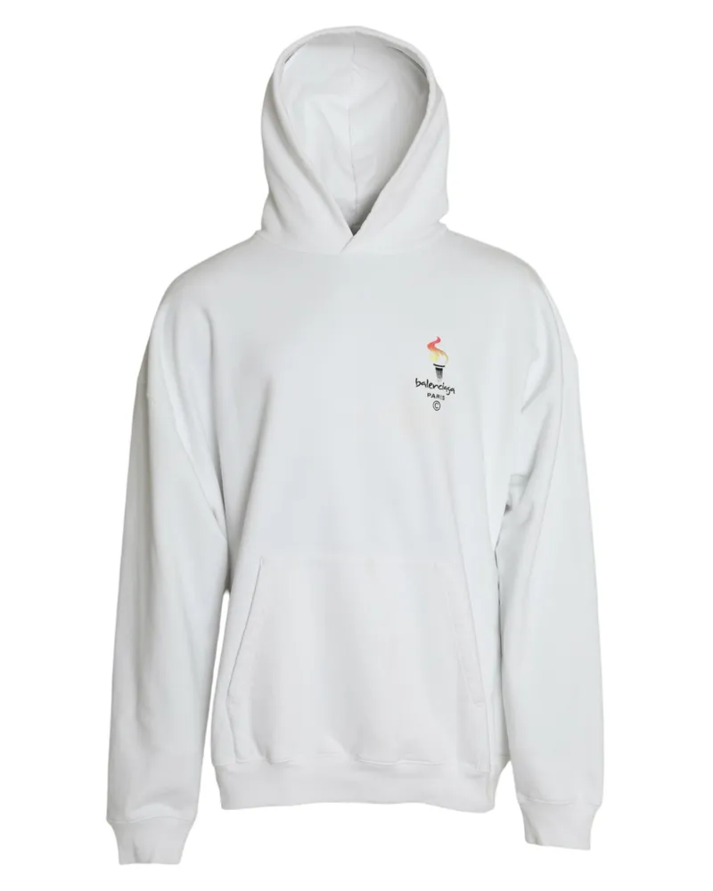 Balenciaga Men White Cotton Logo Hooded Pullover Sweatshirt Sweater Clothing White