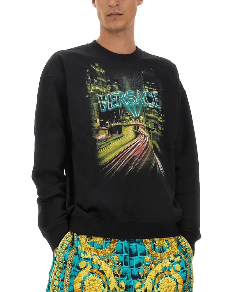 Versace Logo-Embroidered Cotton Sweatshirt — Black Black