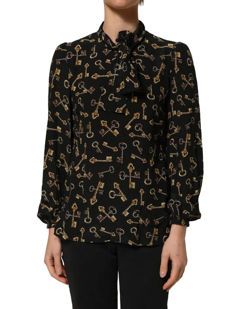 Dolce & Gabbana Women Black Keys Print Silk Tie Neck Blouse Top Black