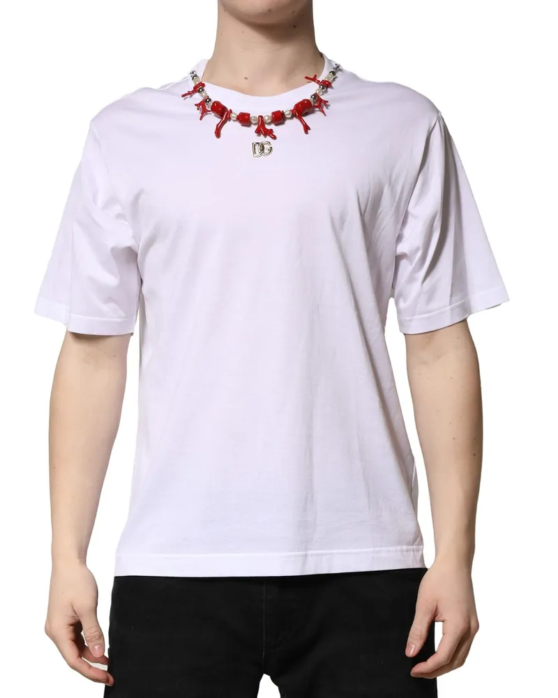 Dolce & Gabbana Men's White Embellished Cotton Crew Neck T-Shirt White