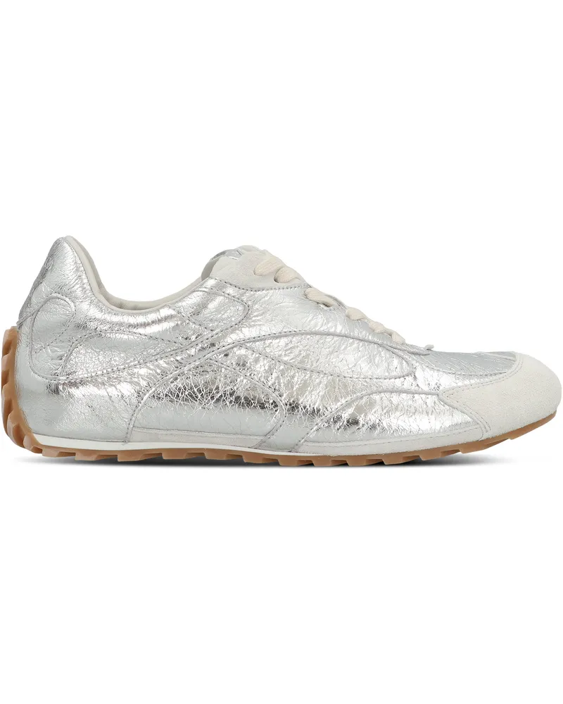 Bottega Veneta Women's Laminated Leather Low-Top Sneakers Silver Lamb Trainers Silver