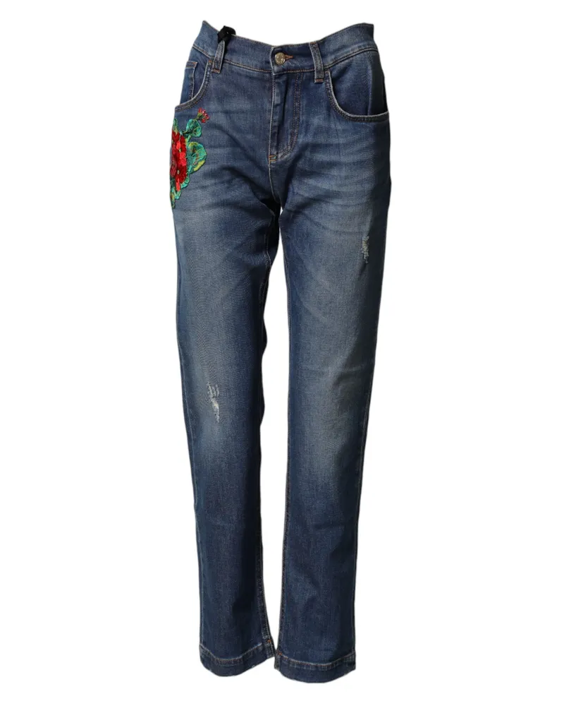 Dolce & Gabbana Women Blue Floral Embroidered Boyfriend Denim Jeans Co+02 Clothing Blue