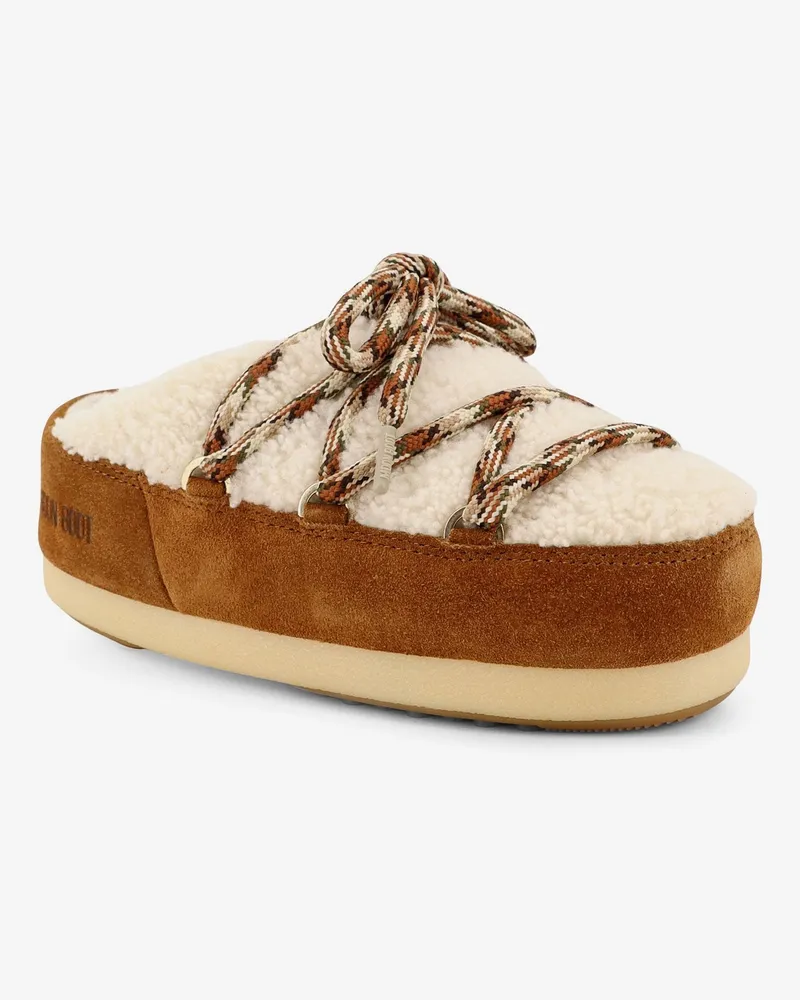 Moon Boot Women's Shearling And Suede Slip-On Beige Leather Sandal Beige