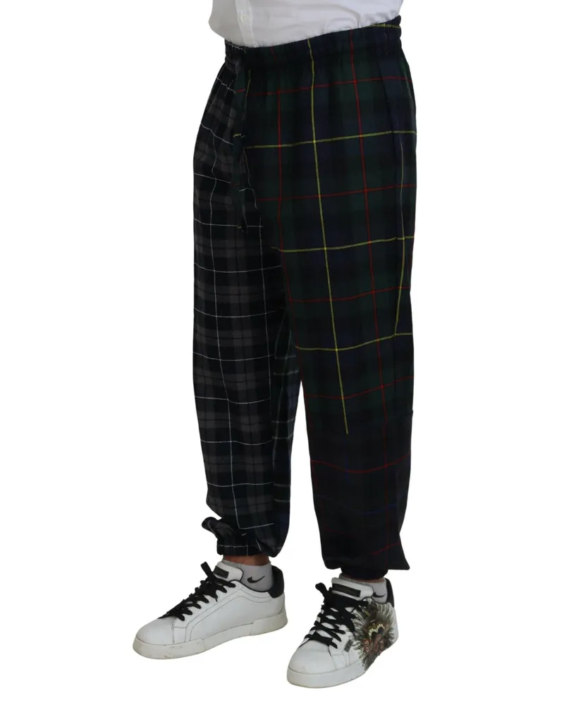 Dolce & Gabbana Multicolor Checkered Wool Men Jogger Pants Virgin Nylon Elastane Black