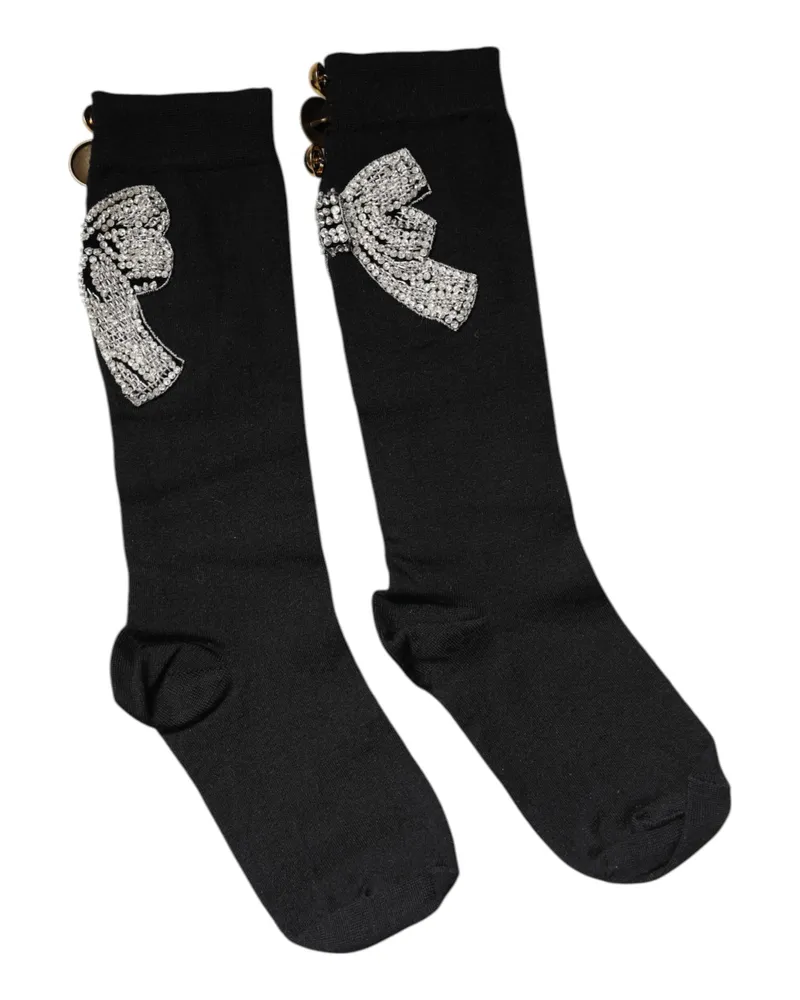 Dolce & Gabbana Women's Black Knit Floral Crystal Embellishment Socks Virgin Wool Nylon Elastane Clothing Black