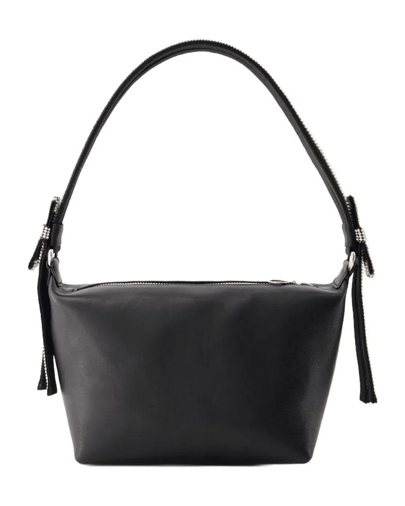 KARA Women's Rhinestone-Embellished Double Bow Shoulder Bag Black Calfskin Black