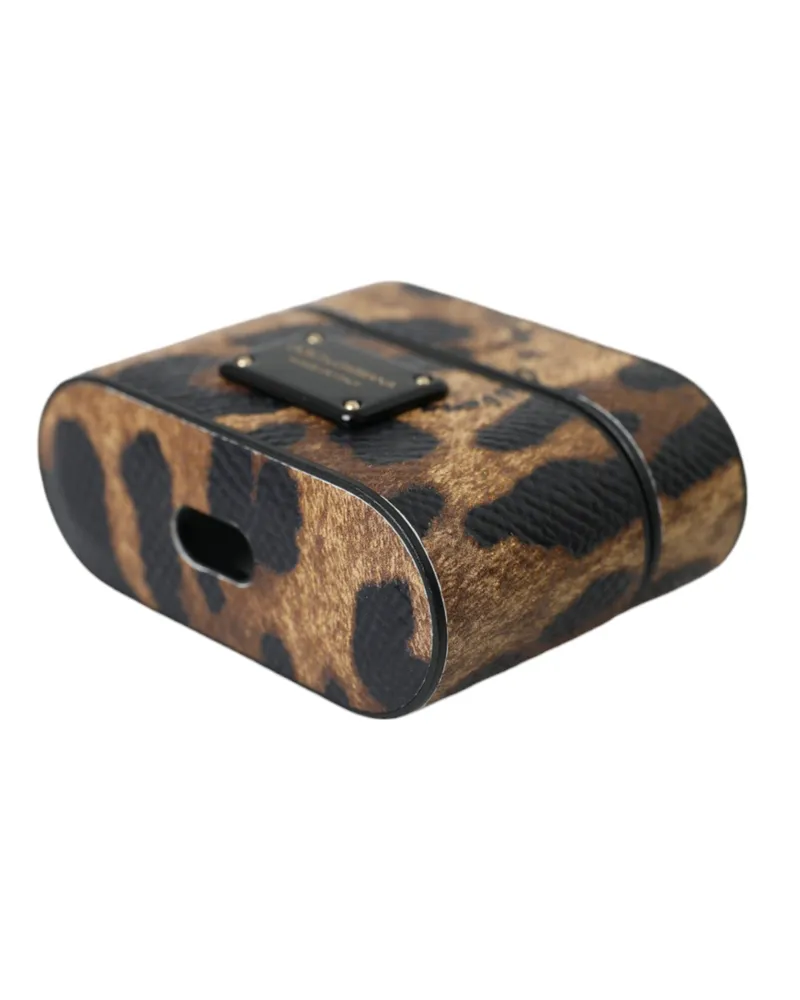 Dolce & Gabbana Women's Brown Leopard Calf Leather Metal Logo Plaque Airpods Case Accessory Brown