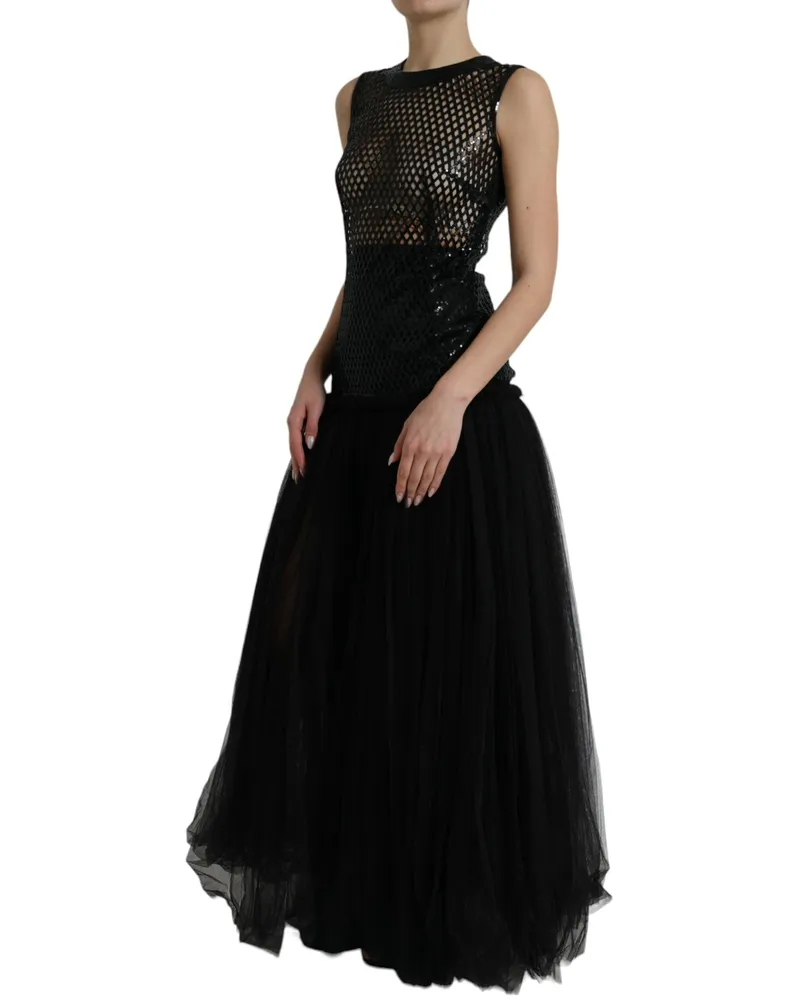 Dolce & Gabbana Women's Black Sequined Sleeveless Mesh Layered Gown Dress Nylon Silk Elastane Black