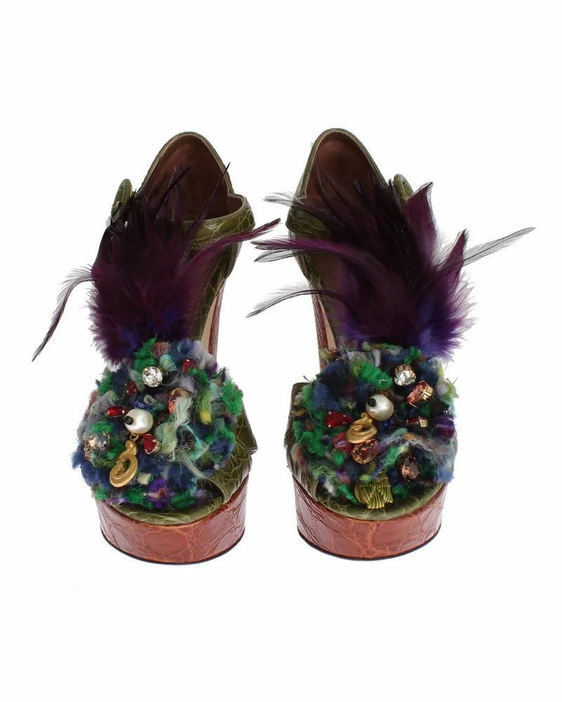 Dolce & Gabbana Women's Green Leather Crystal Platform Sandal Shoes Green