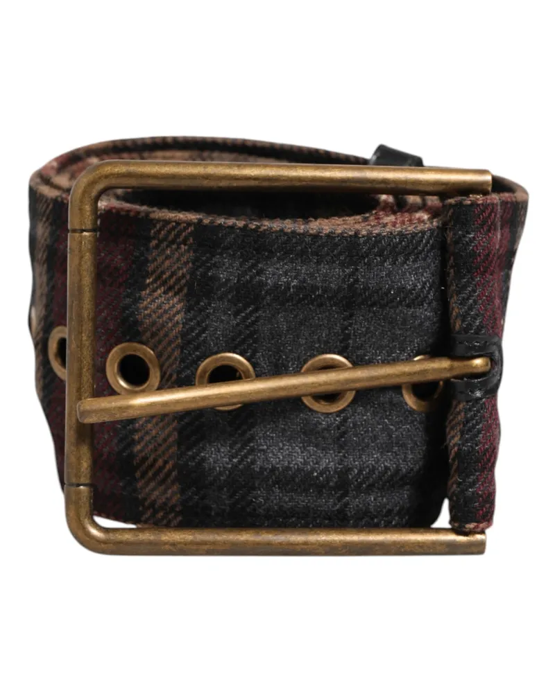 Dolce & Gabbana Men's Plaid Fabric Logo Plate Brass Buckle Belt 100lf Multicolor