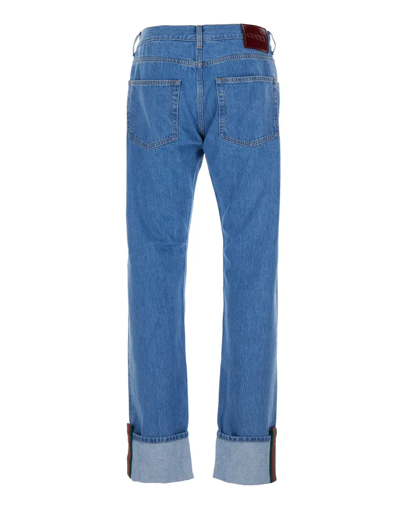 Gucci Men's Blue Jeans With Logo Patch And Turn-Up Hem Cotton Blue