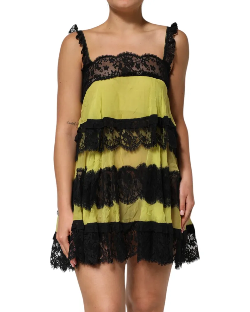 Dolce & Gabbana Women Yellow Black Babydoll Chemise Lingerie Dress Yellow, Silk Yellow