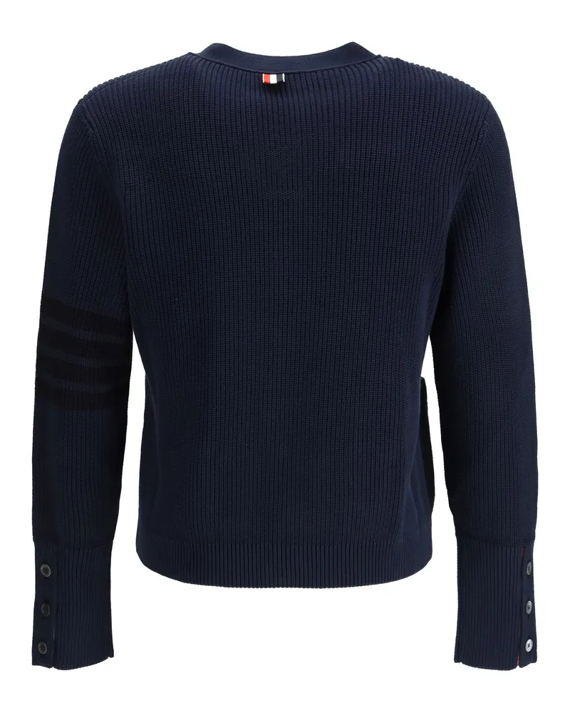 Thom Browne Men's V-Neck Cardigan Navy Cotton Sweater Navy