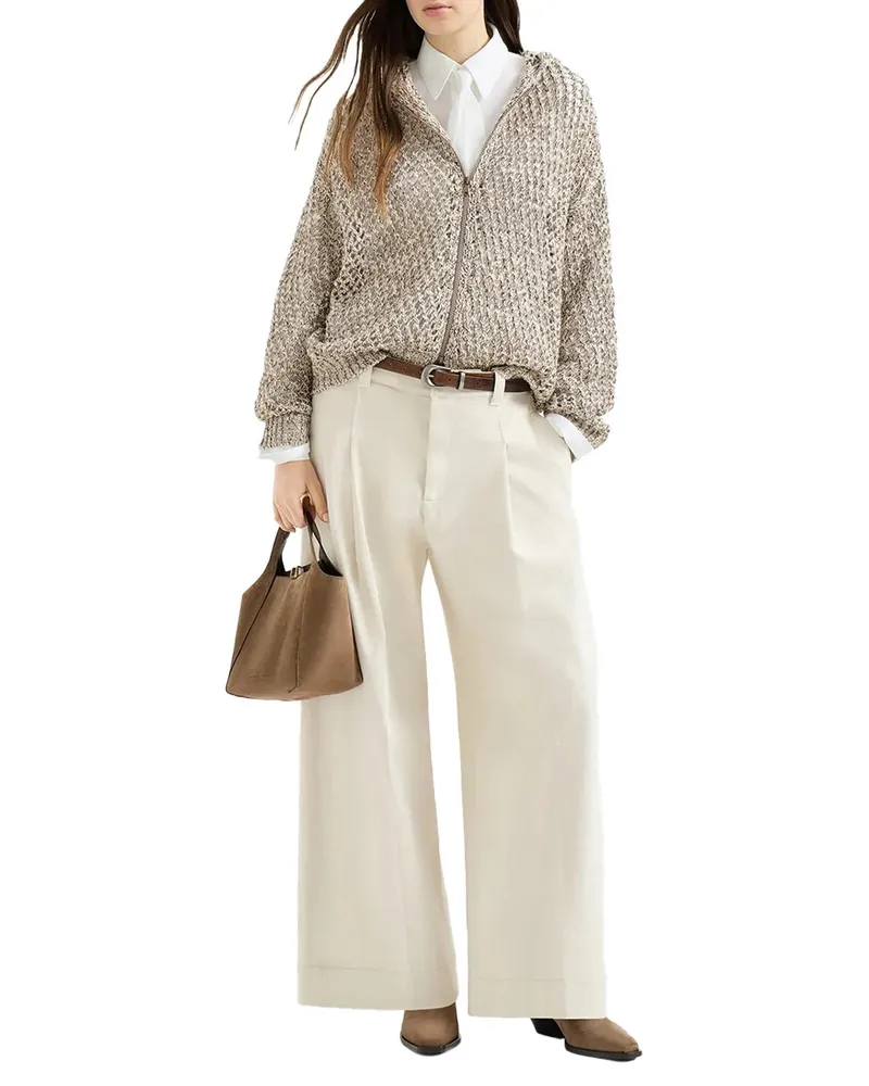 Brunello Cucinelli Net-Knit Hooded Cardigan — Beige Beige