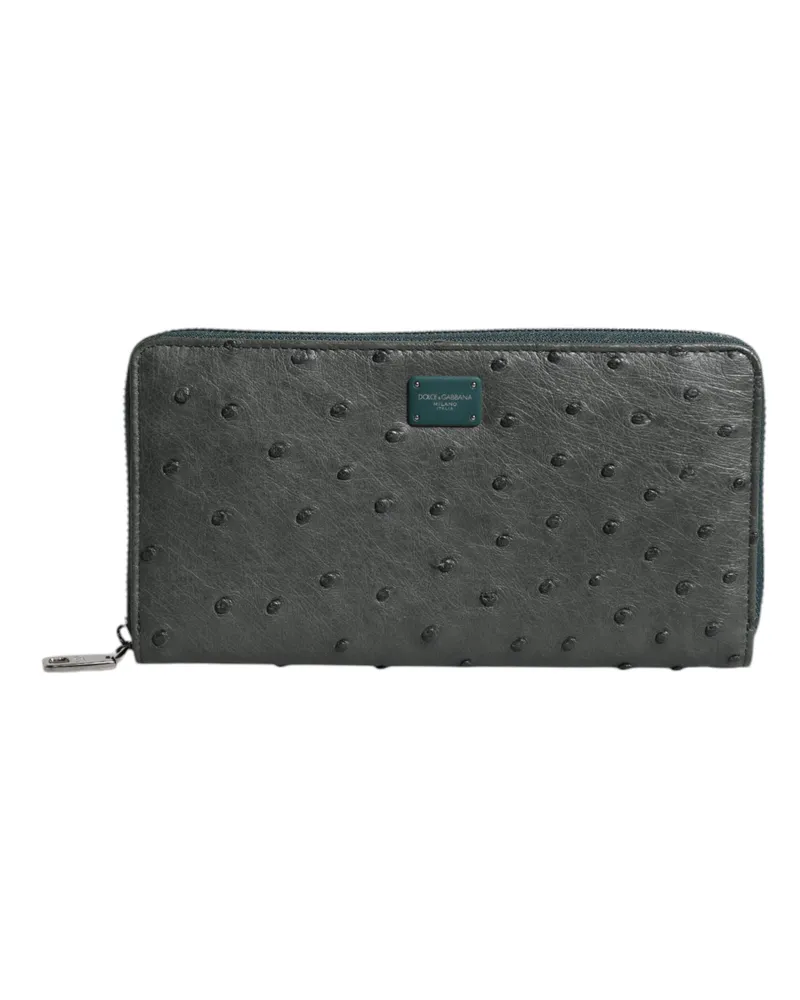 Dolce & Gabbana Men's Green Ostrich Logo Plaque Zip Around Continental Wallet Green