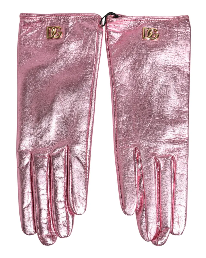 Dolce & Gabbana Women Pink Leather Dg Logo Wrist Length Mitten Gloves 32+pu Pink