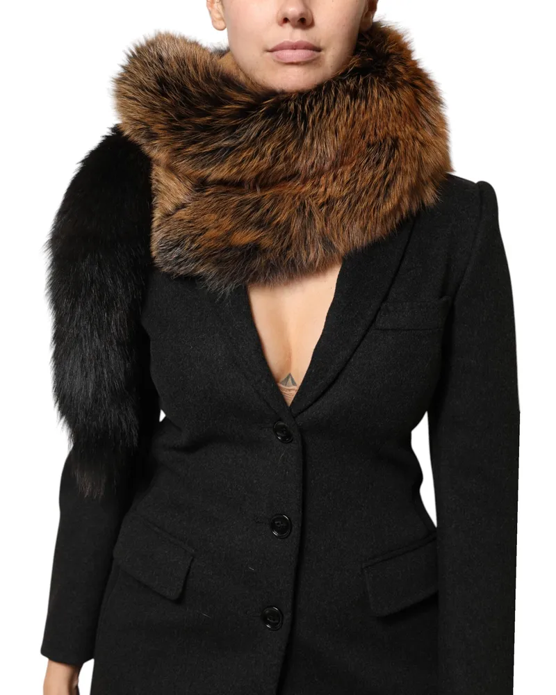Dolce & Gabbana Women's Brown Red Fox Fur Neck Cashmere Warmer Scarf Brown
