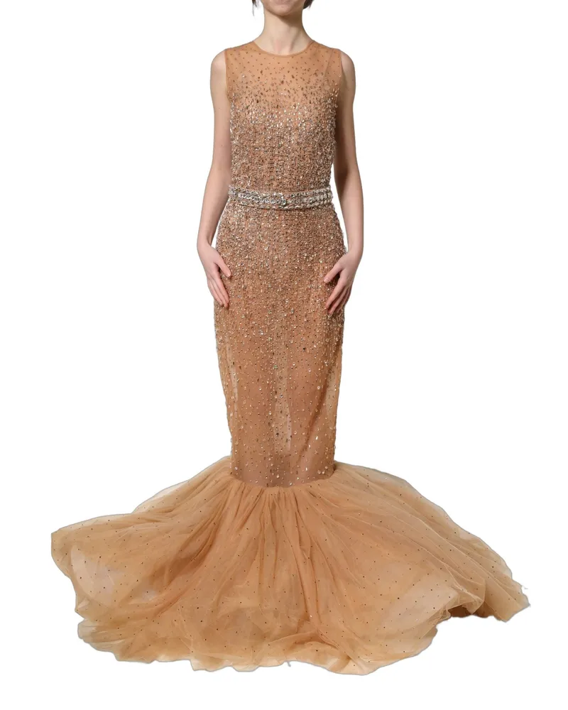 Dolce & Gabbana Women Brown Crystal Embellished Mermaid Gown Dress Polyester Brown
