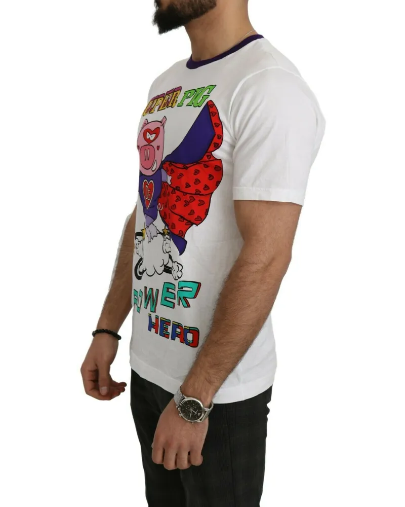 Dolce & Gabbana Men White Cotton Top Super Power Pig T-Shirt White