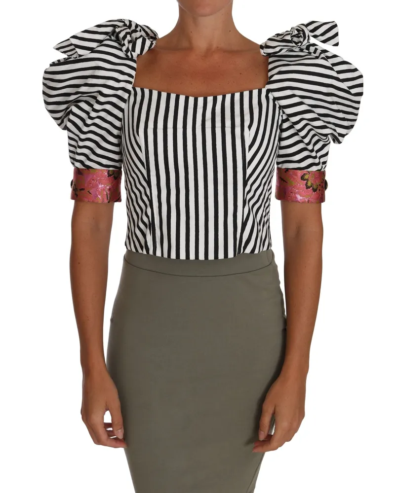Dolce & Gabbana Women's White Black Striped Cropped Top Puff Sleeve Shirts Black-White Cotton Black/white White