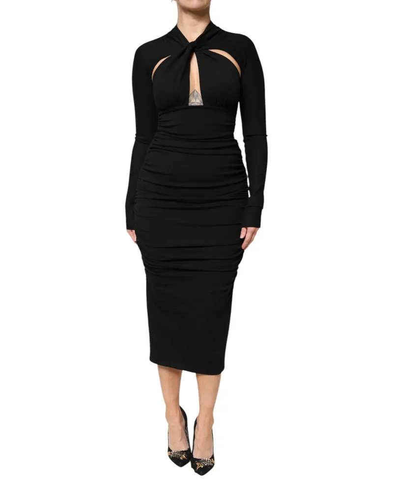 Dolce & Gabbana Women's Black Long Sleeves Sheath Midi Dress Viscose Nylon Elastane Black