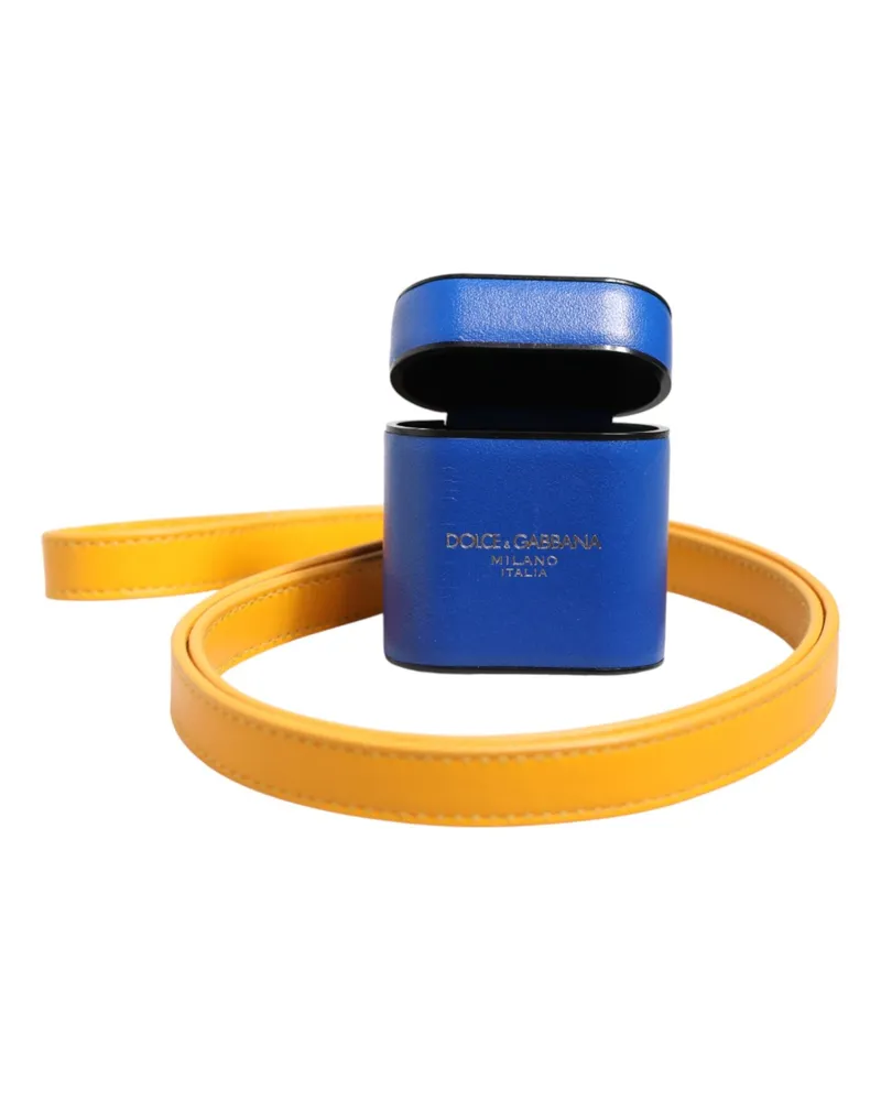 Dolce & Gabbana Blue Yellow Calfskin Leather Logo Strap Men Airpods Case Calf Pu Accessory Blue