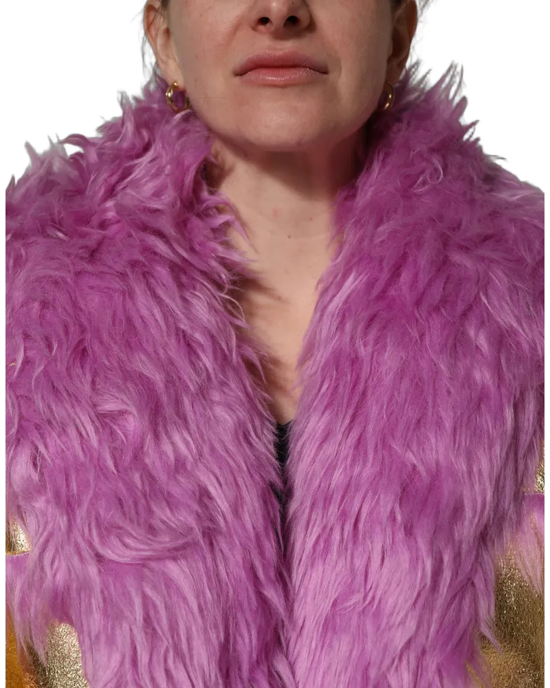 Dolce & Gabbana Plush Faux Fur and Gold Leather Coat — Pink Pink