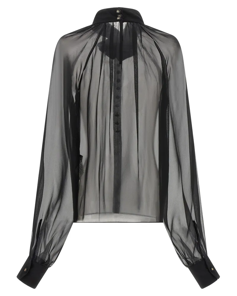 Dolce & Gabbana Silk Chiffon with 3D Floral Collar Blouse — Black Black