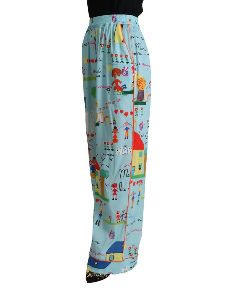 Dolce & Gabbana Women's Light Blue Drawing Mid Waist Wide Leg Pants Polyester Elastane Blue