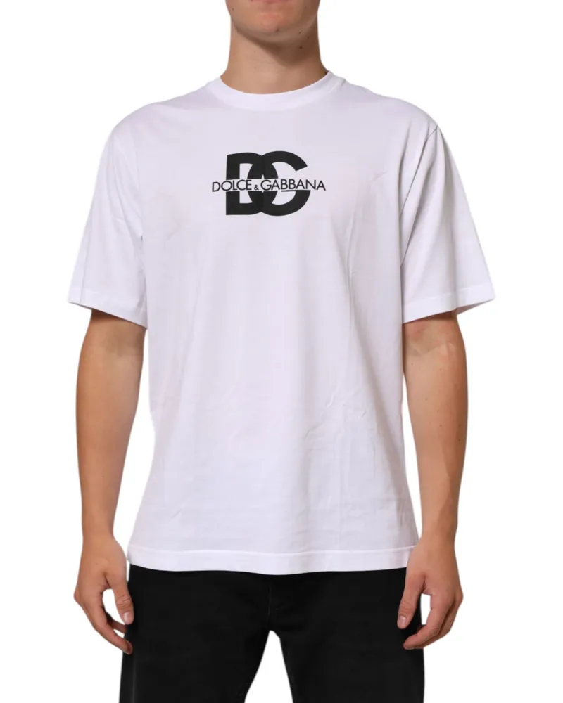 Dolce & Gabbana White Logo Print Cotton Crew Neck Men T-Shirt White