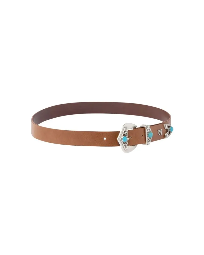 Pinko Turquoise Embellished Calf Leather Belt — Brown Brown