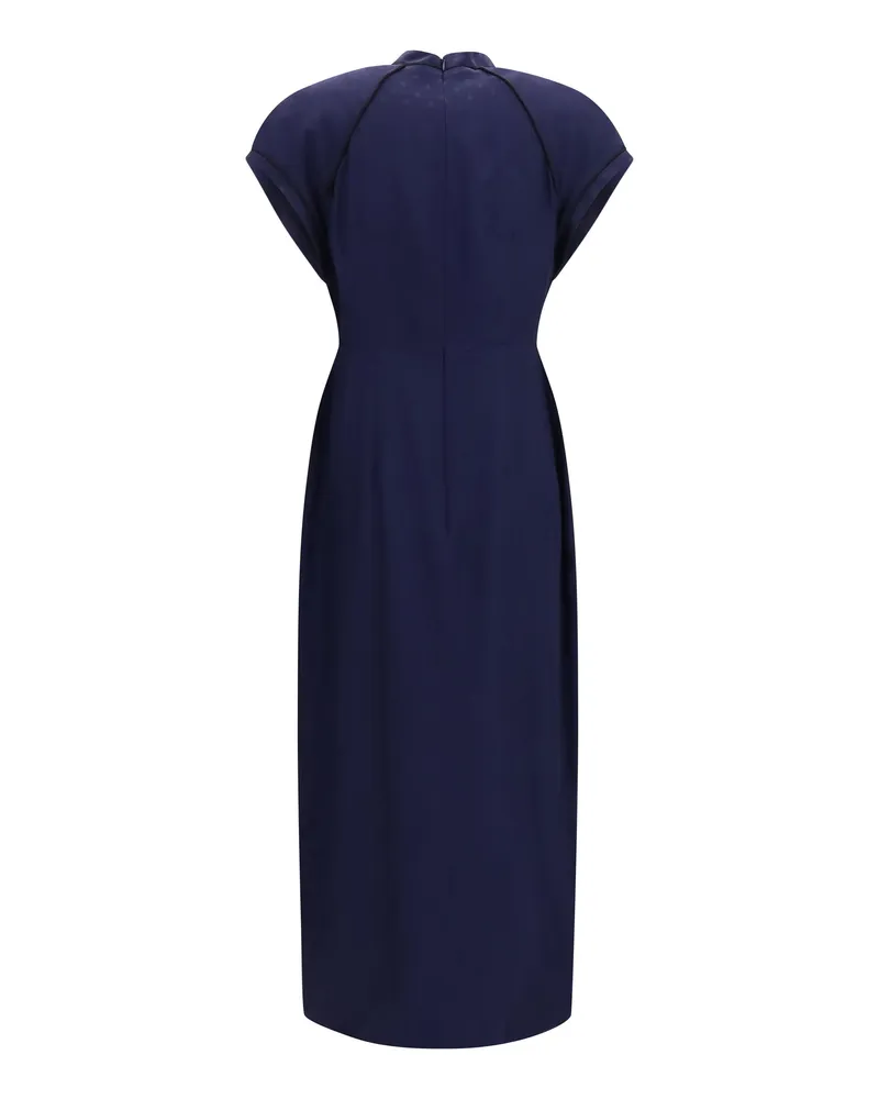 Alessandra Rich Silk with Contrast Piping Midi Dress — Navy 