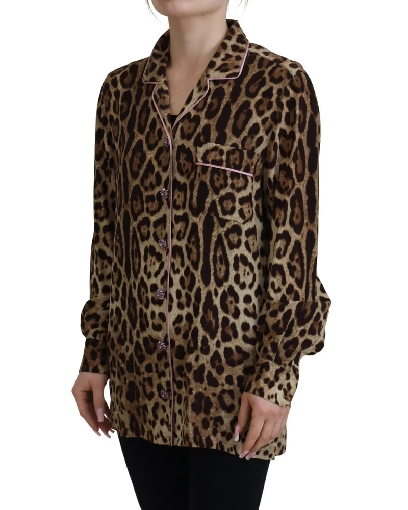 Dolce & Gabbana Women's Brown Leopard Print Long Sleeves Blouse Top Silk Brown