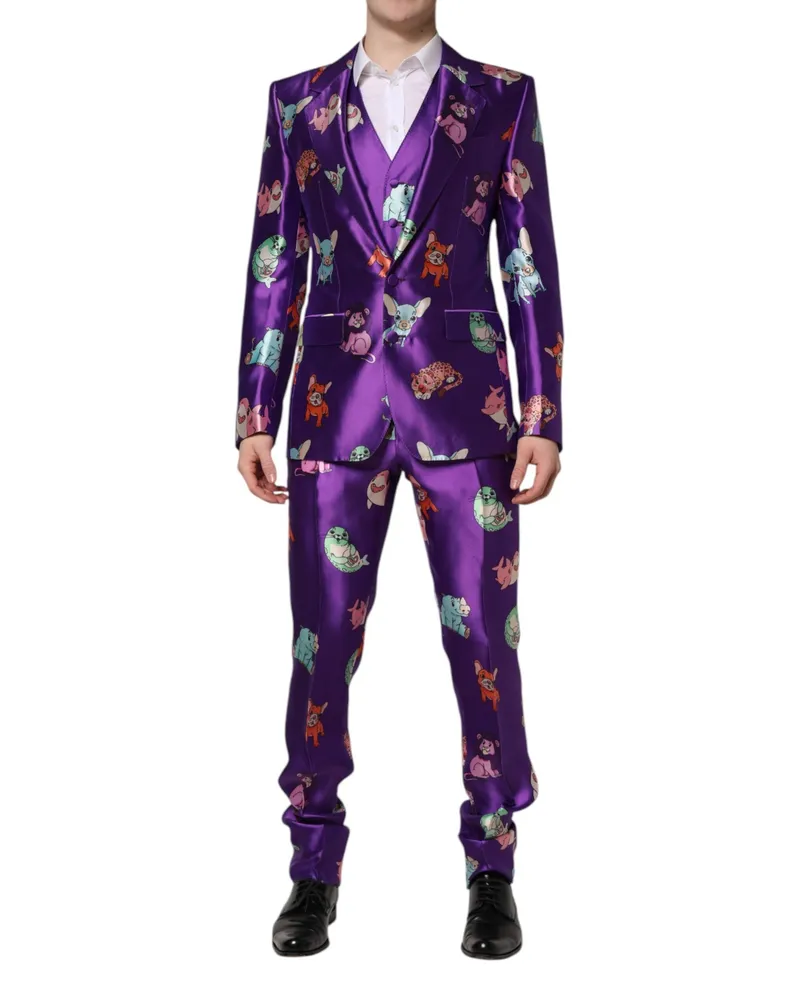 Dolce & Gabbana Men's Purple Silk Animal Print 3 Piece Suit Purple