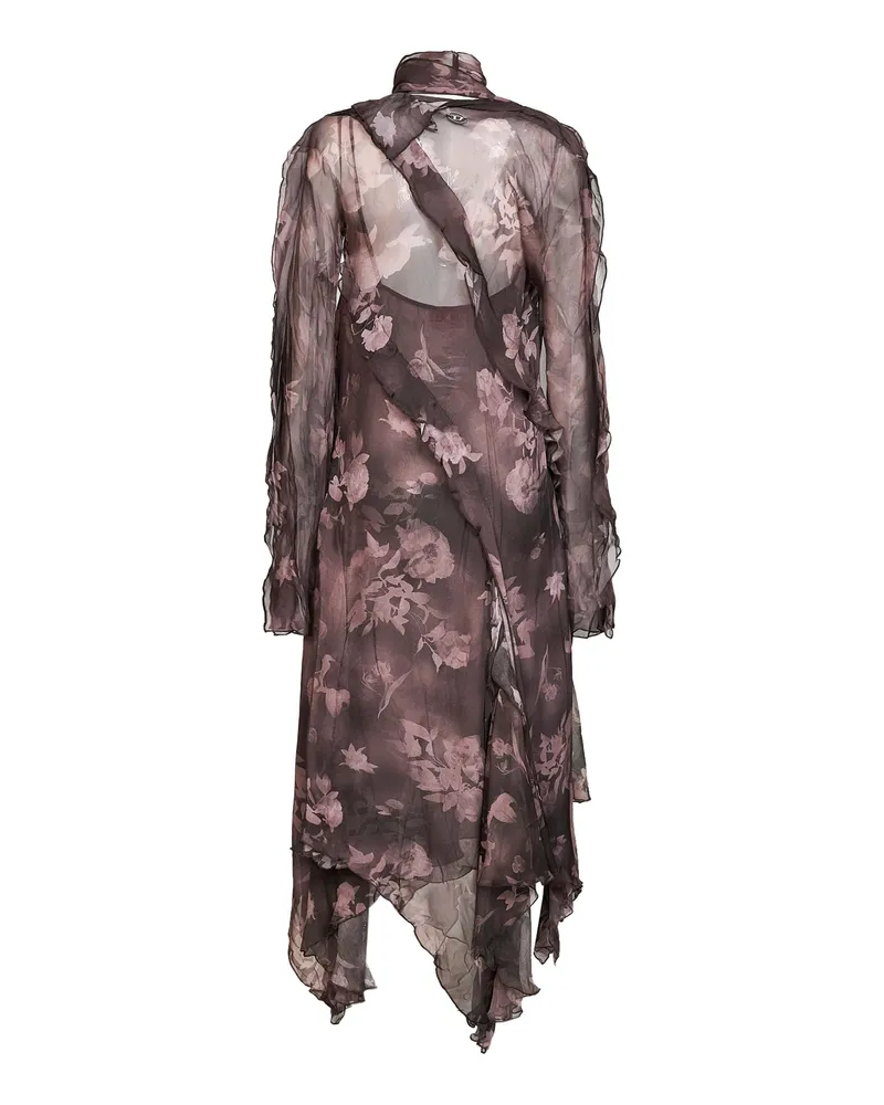 Diesel Women's Asymmetric Midi Dress D-Riadi Brown Chiffon Multicolour Viscose Brown